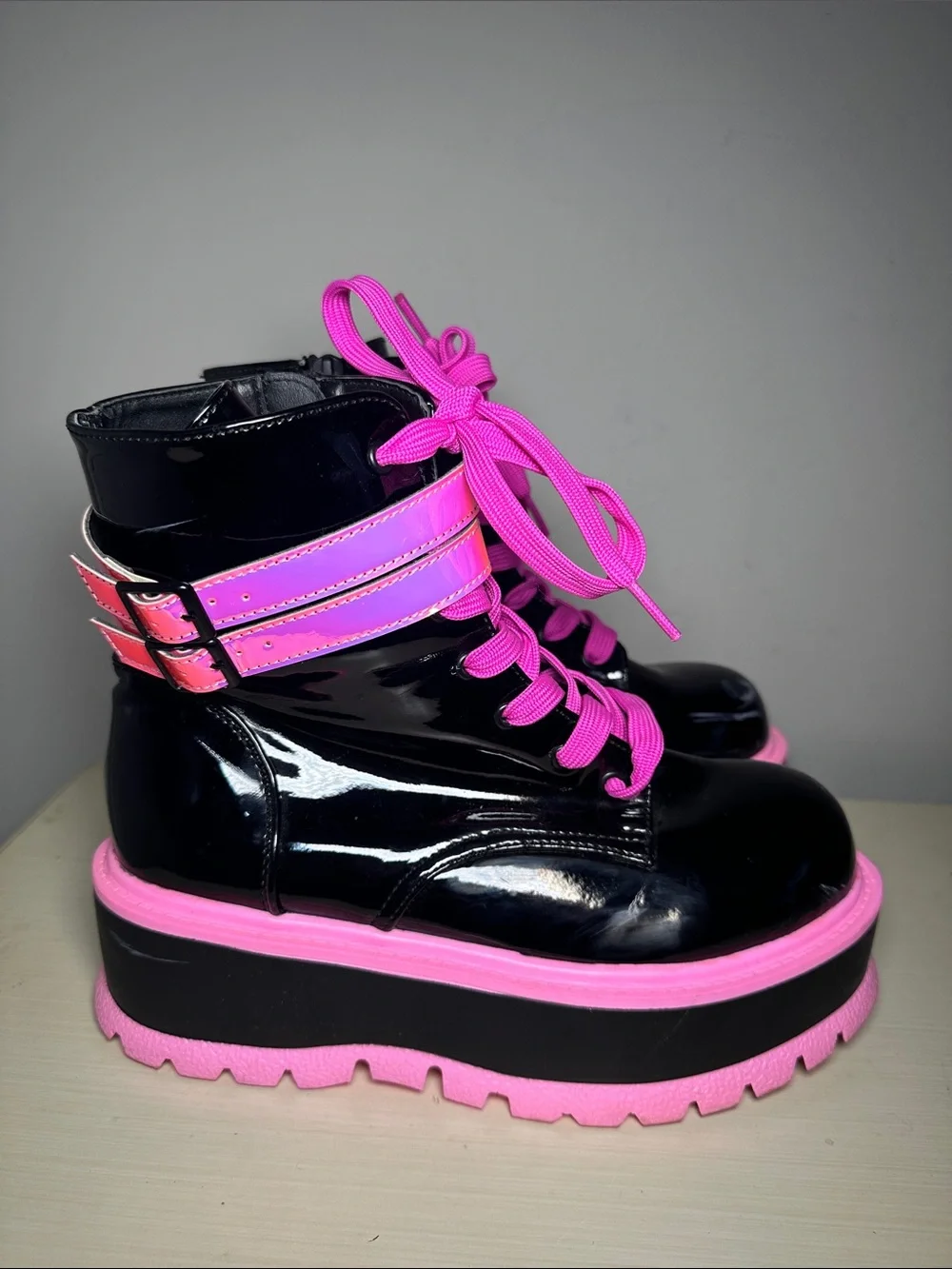 Demonia Slacker-52 Black Patent Platform Boot with Hot Pink Accents